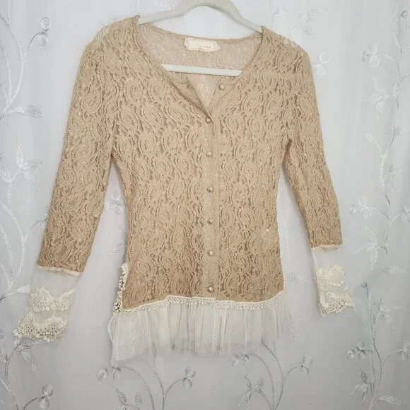 A'Reve Lace  Button-up Cardigan/Blouse with Ruffled Accent - Picture 5 of 11